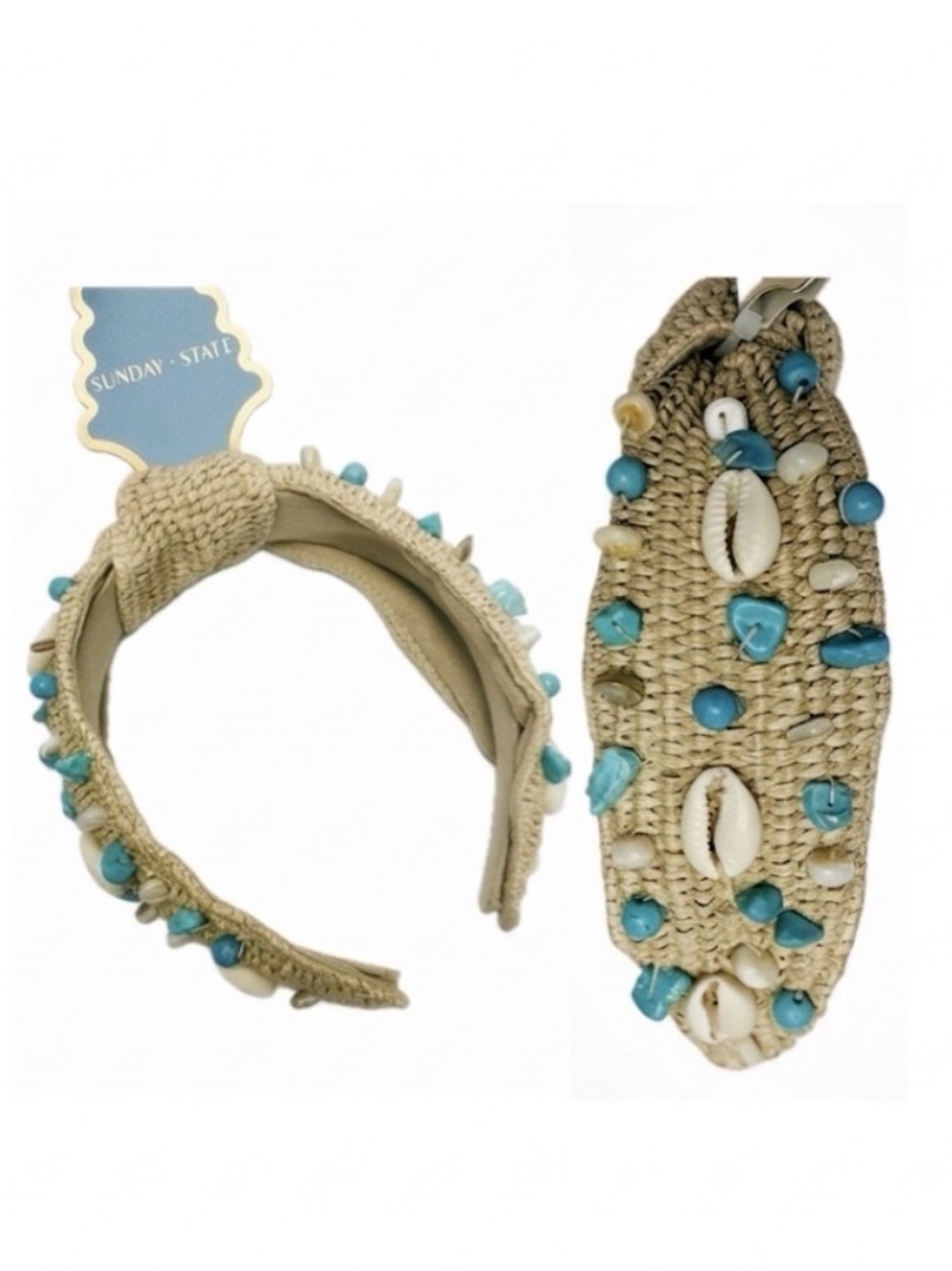 NWT ⚜️🩵⚜️ Sunday State Gorgeous Straw Headband with Turquoise, Shell Accents